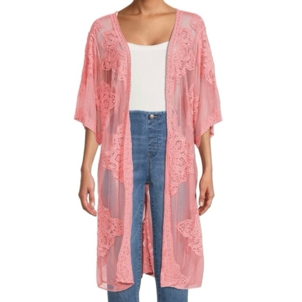 Lacy Kimono-Style Open Front Top In Mauve 2XLarge/3XLarge